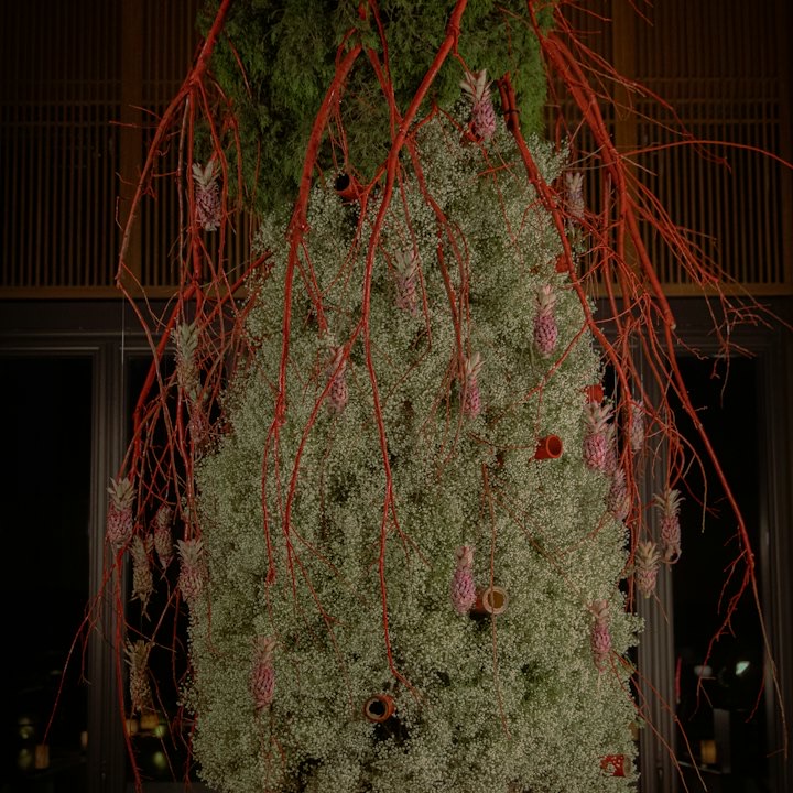 Towering installation of hanging greenery and red stems